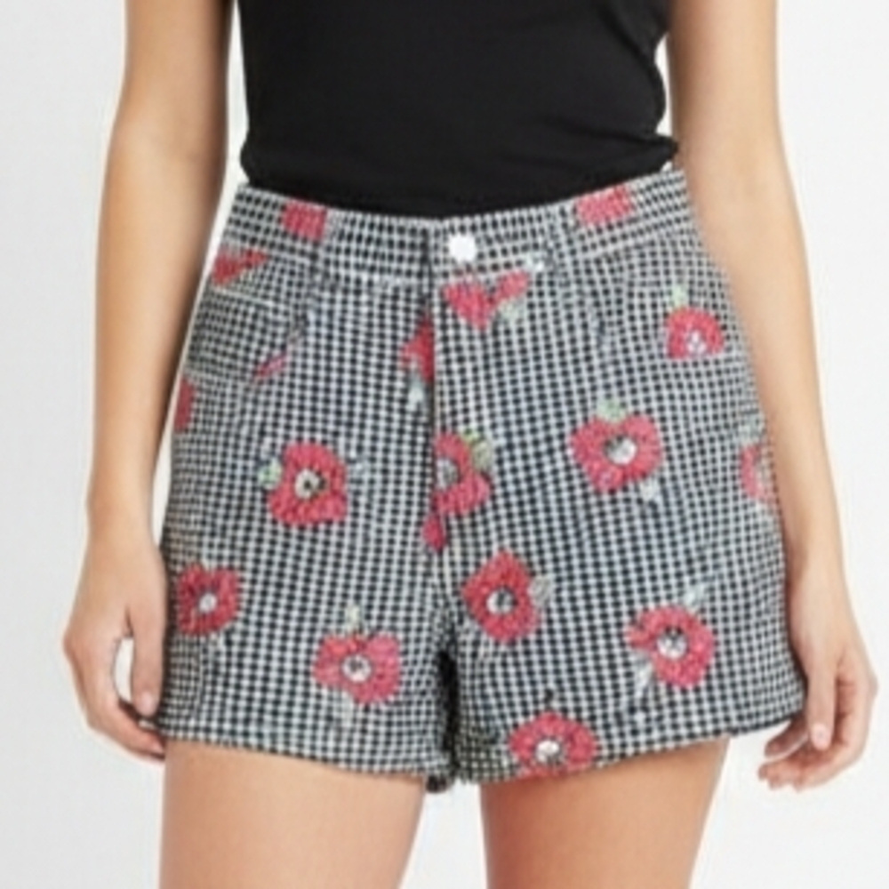 Vintage Enchanté Collection Gingham Floral High Waist Shorts Size 11 Cotton USA